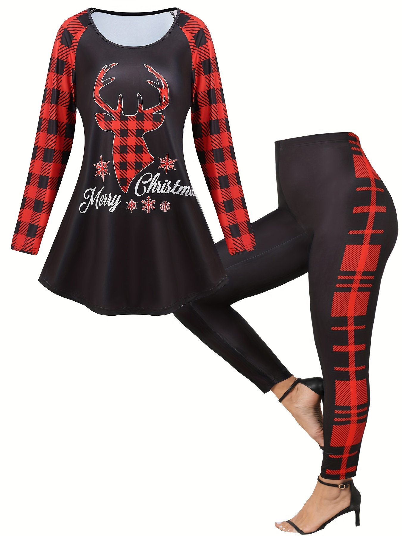 Plus Size Christmas Casual Outfits Set Women's Plus Elk - Temu