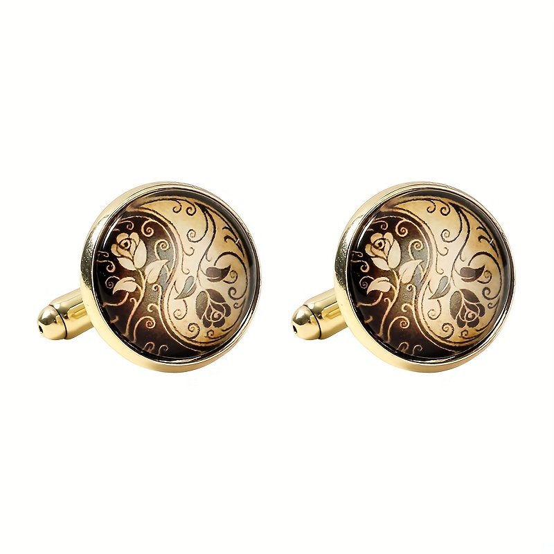 Round Engraved Rose Pattern Cufflinks for Women and Men