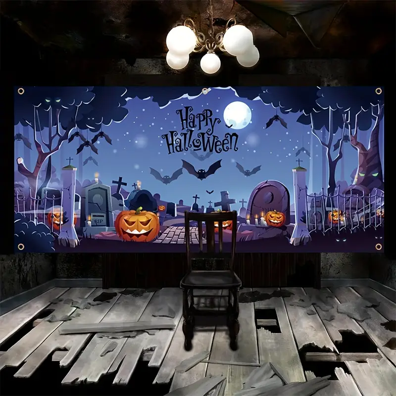 1pcs happy halloween garage banner 157in 71in 400cm 180cm scary graveyard pumpkin pattern garage door decoration polyester with holes with rope hanging cloth mural door decoration for indoor outdoor yard holiday party backdrop arrangement details 3