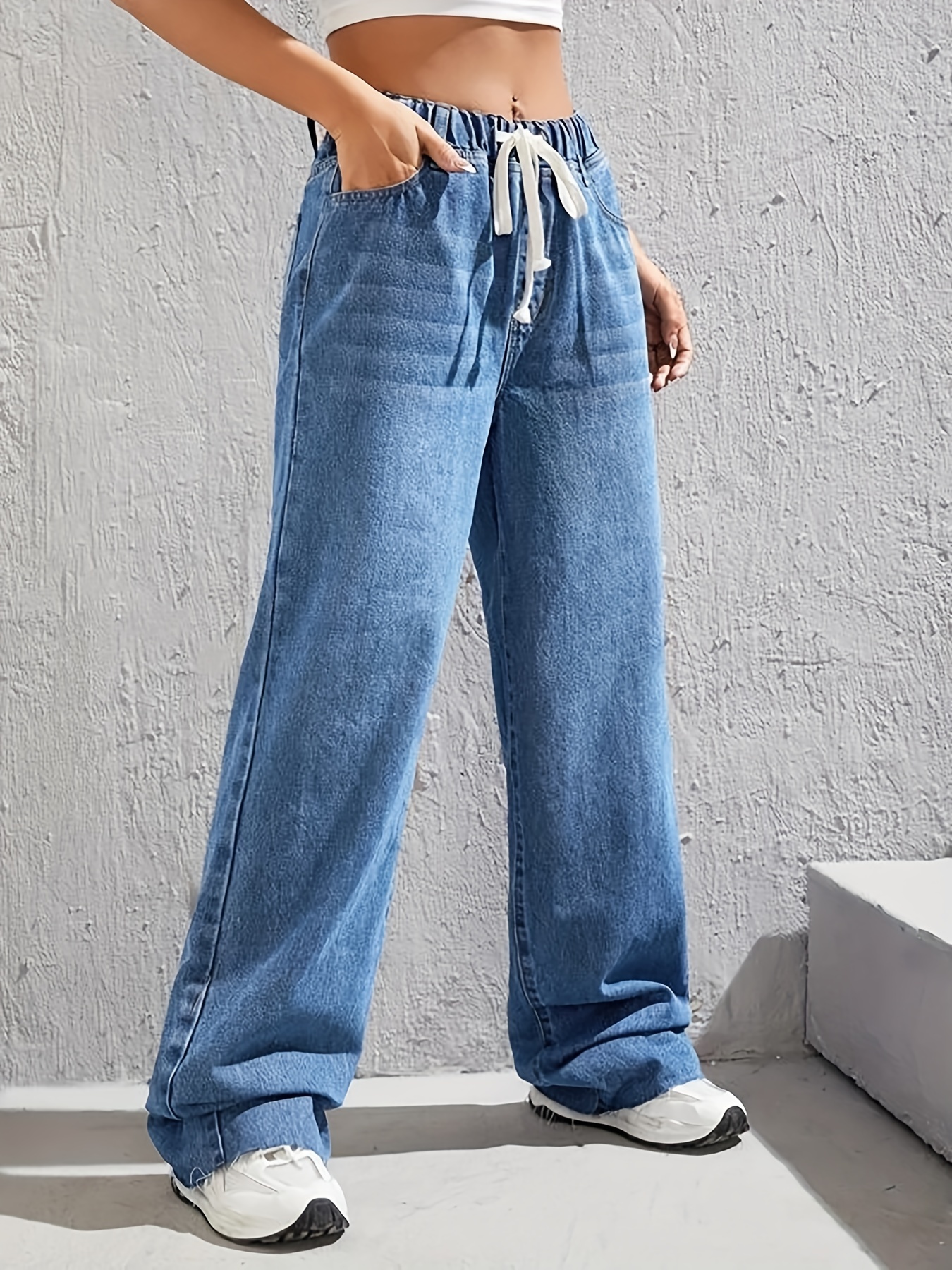 Drawstring Elastic High Waist Wide Leg Straight Loose Long Jeans