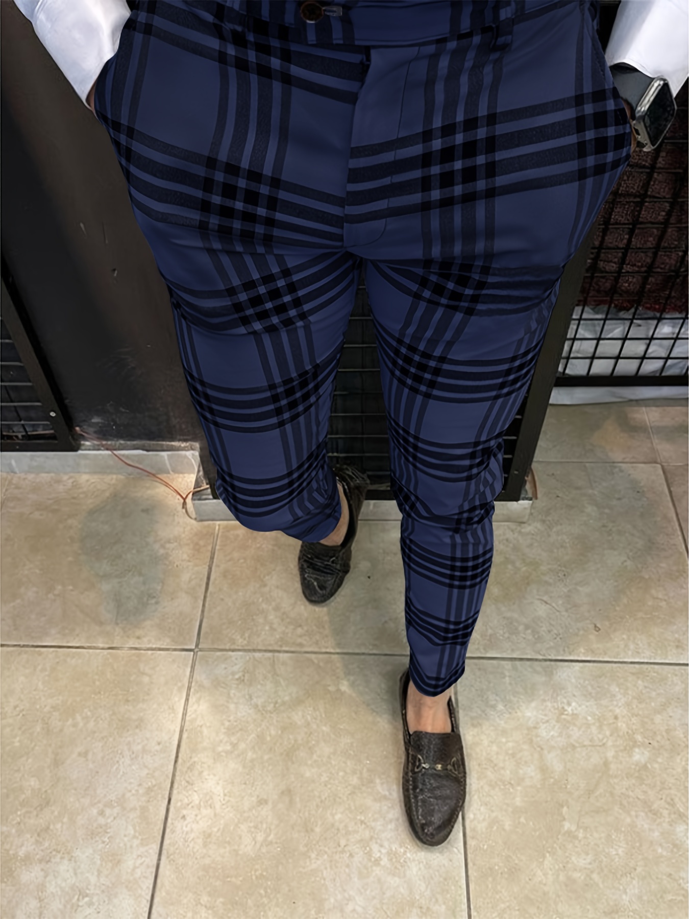 Men's Classic Plaid Casual Tapered Trousers Casual Long - Temu