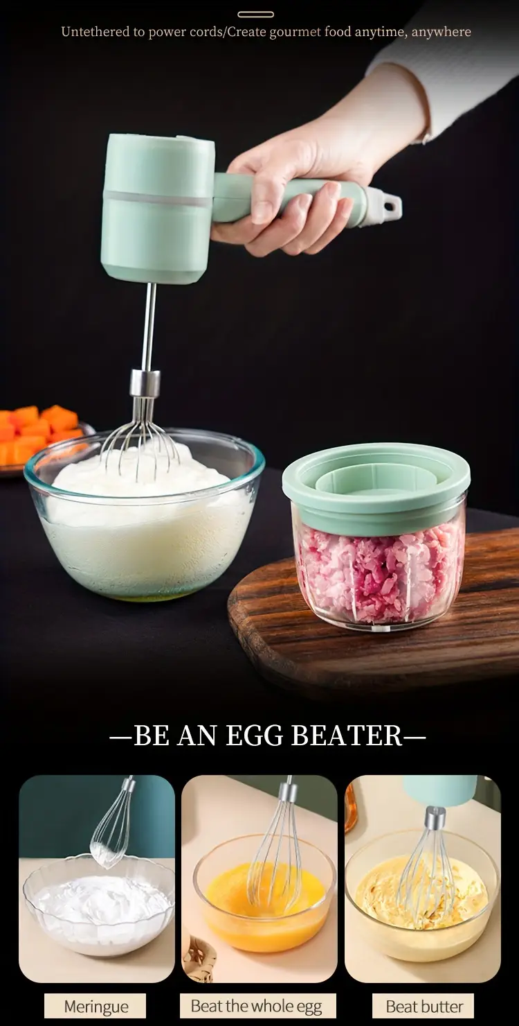 1 set multifunctional electric garlic masher egg beater 2 in 1 set rechargeable portable handheld mixer mini meat grinder usb charging kitchen tool with multiple attachments for cake cream baking Product details 4
