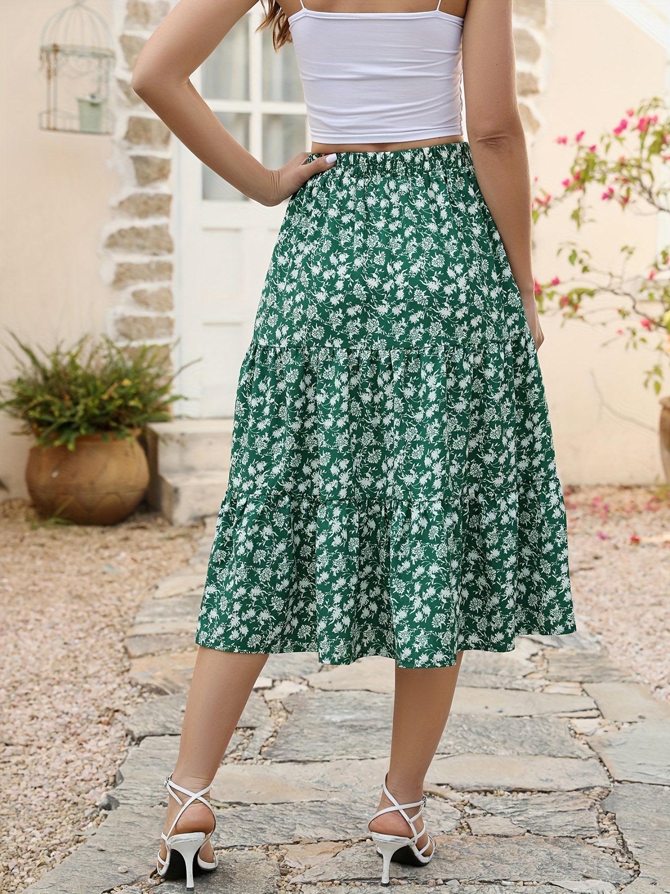 High Waist Floral Print Belted Flare Skirt