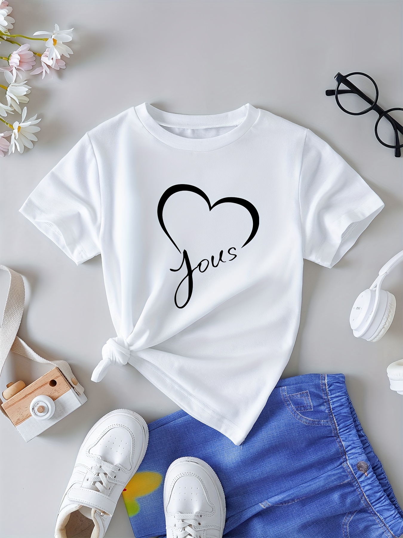 Love Print T shirt Heart Graphic Versatile Short Sleeve Tees - Temu ...