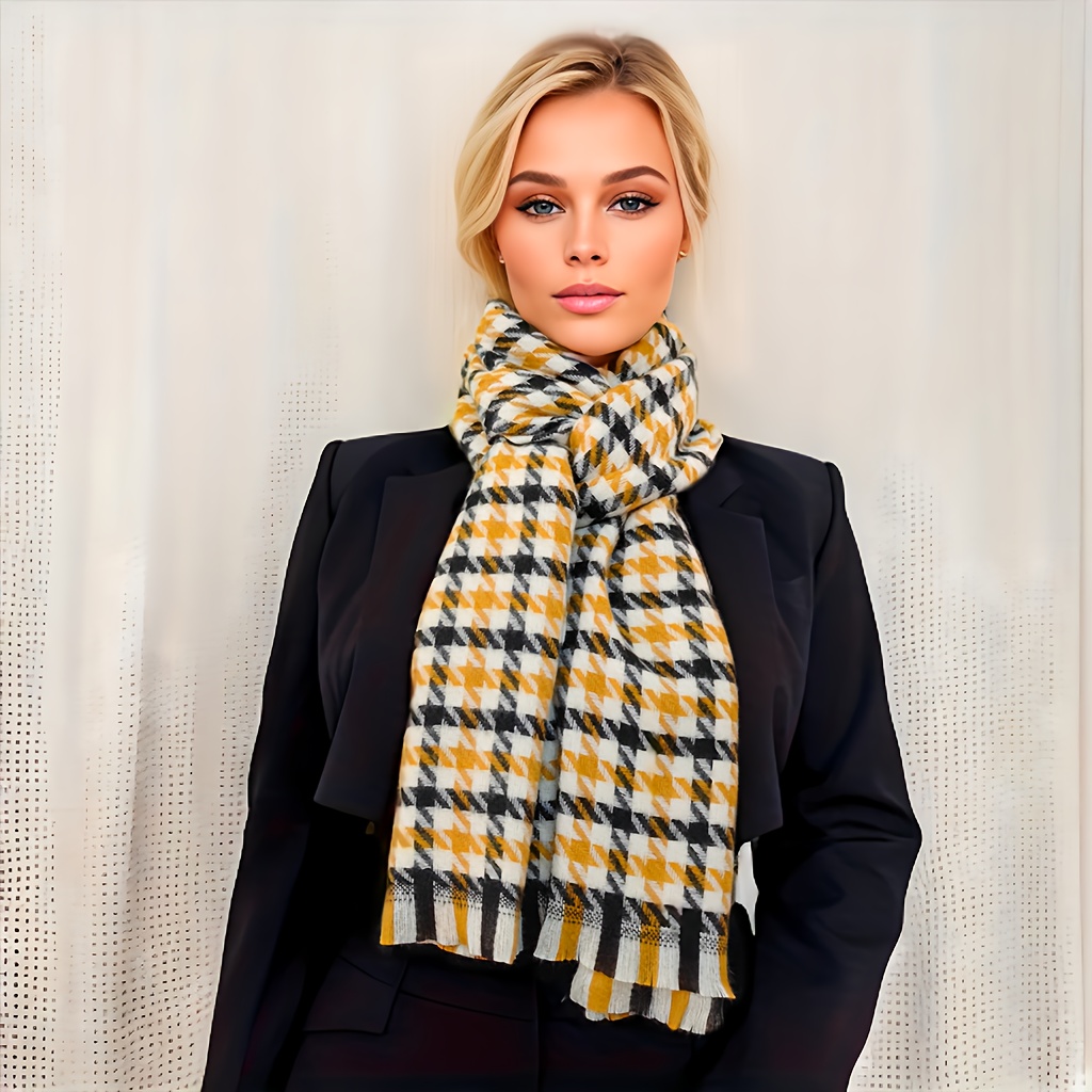 Fringe - Casual Scarf Houndstooth Color Temu Contrast Warm Thick