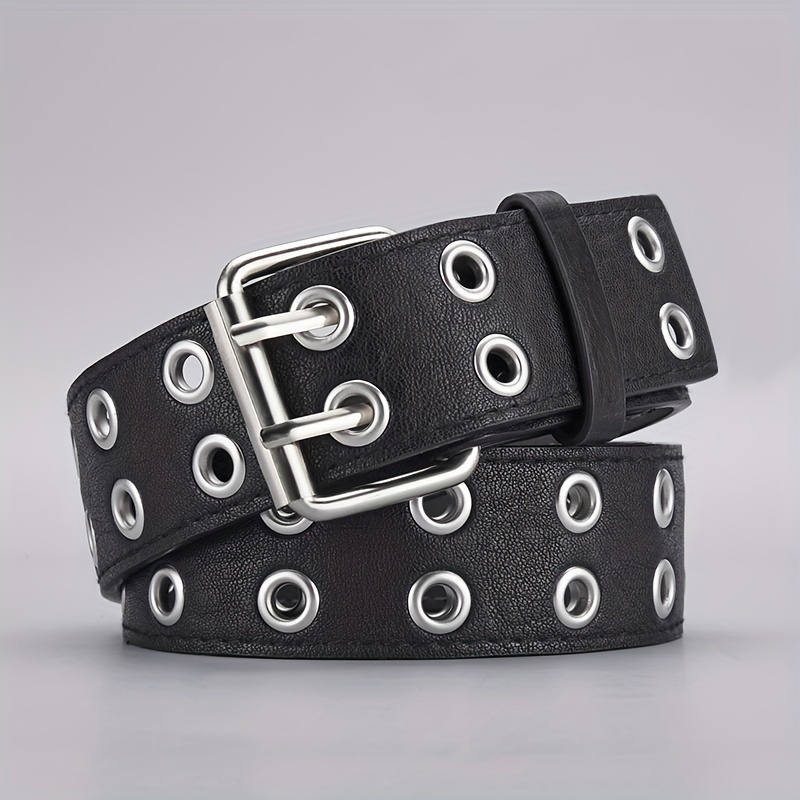 1pc Black Pu Leather Two Hole Adjustable Buckle Belt For Jeans