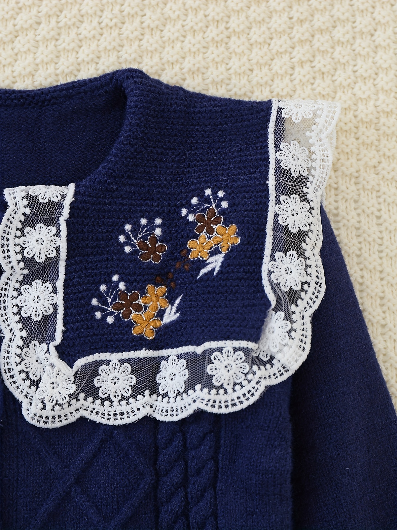 Toddler Girls Flowers Embroidery Contrast Lace Trim Pearl Button