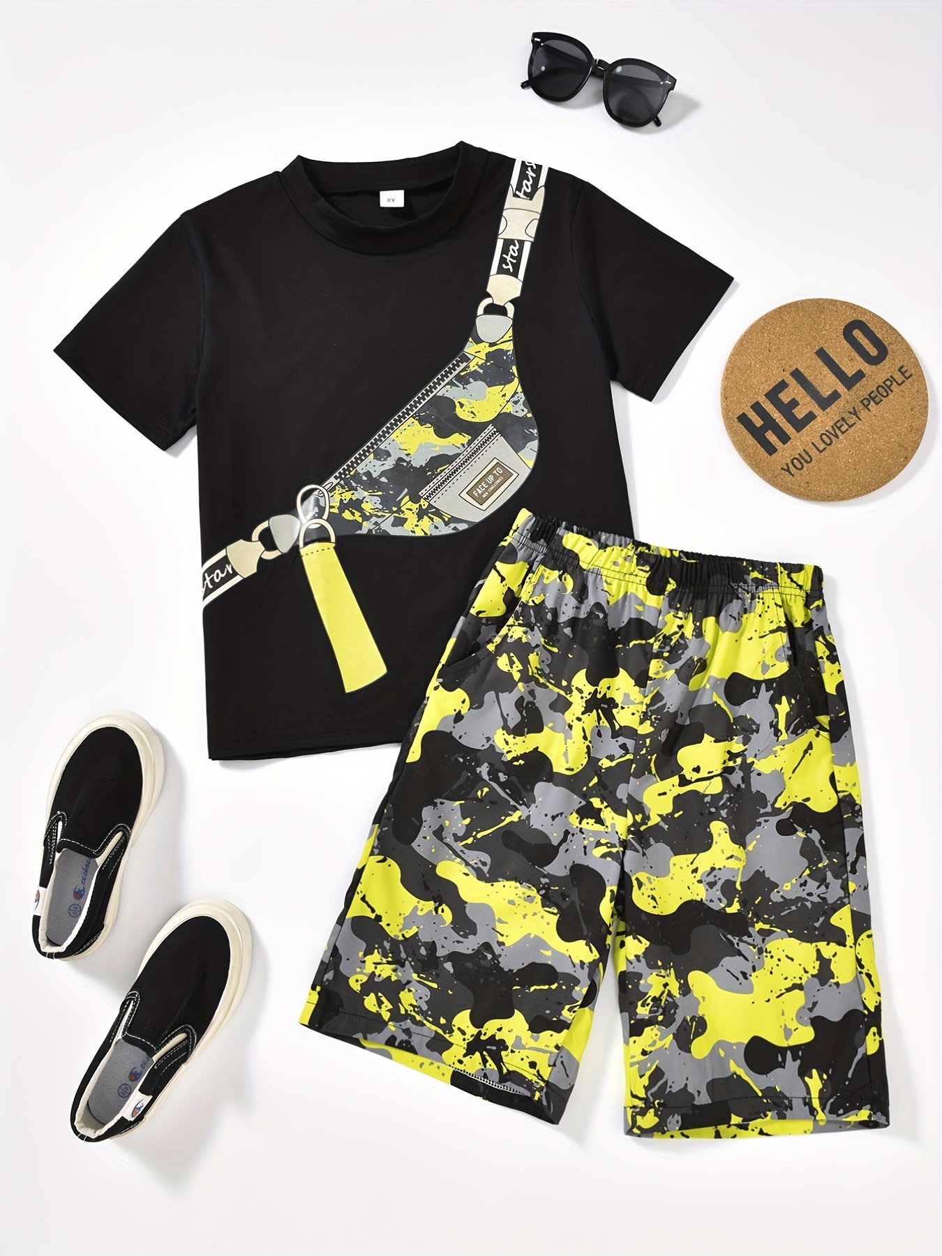 Boys Crossbody Bag Print Casual Outfit Round Neck T Shirt Shorts