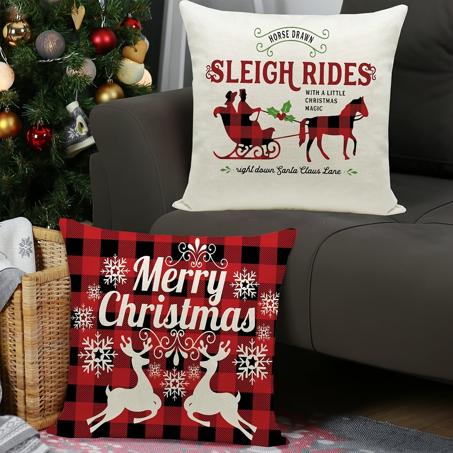 Christmas Throw Pillow Covers 18 x 18 Inch Set of 4, Tree Snow Sleigh Merry  Bright Xmas Throw Pillowcases Farmhouse Cushion Cases for Sofa Couch  Decoration