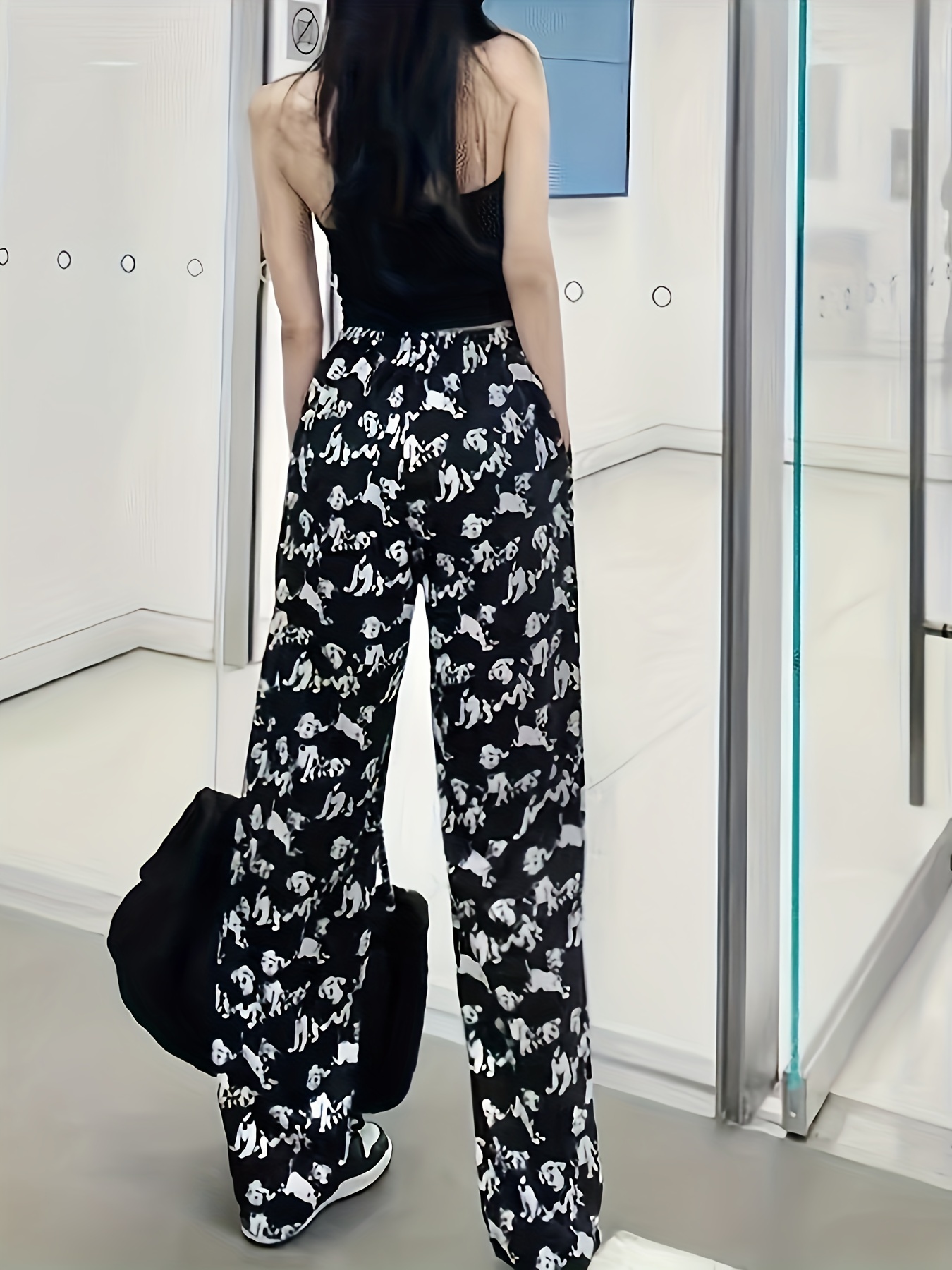 Cartoon Puppy Print Straight Leg Pants, Casual High Waist Pants For Spring  & Summer, Women's Clothing