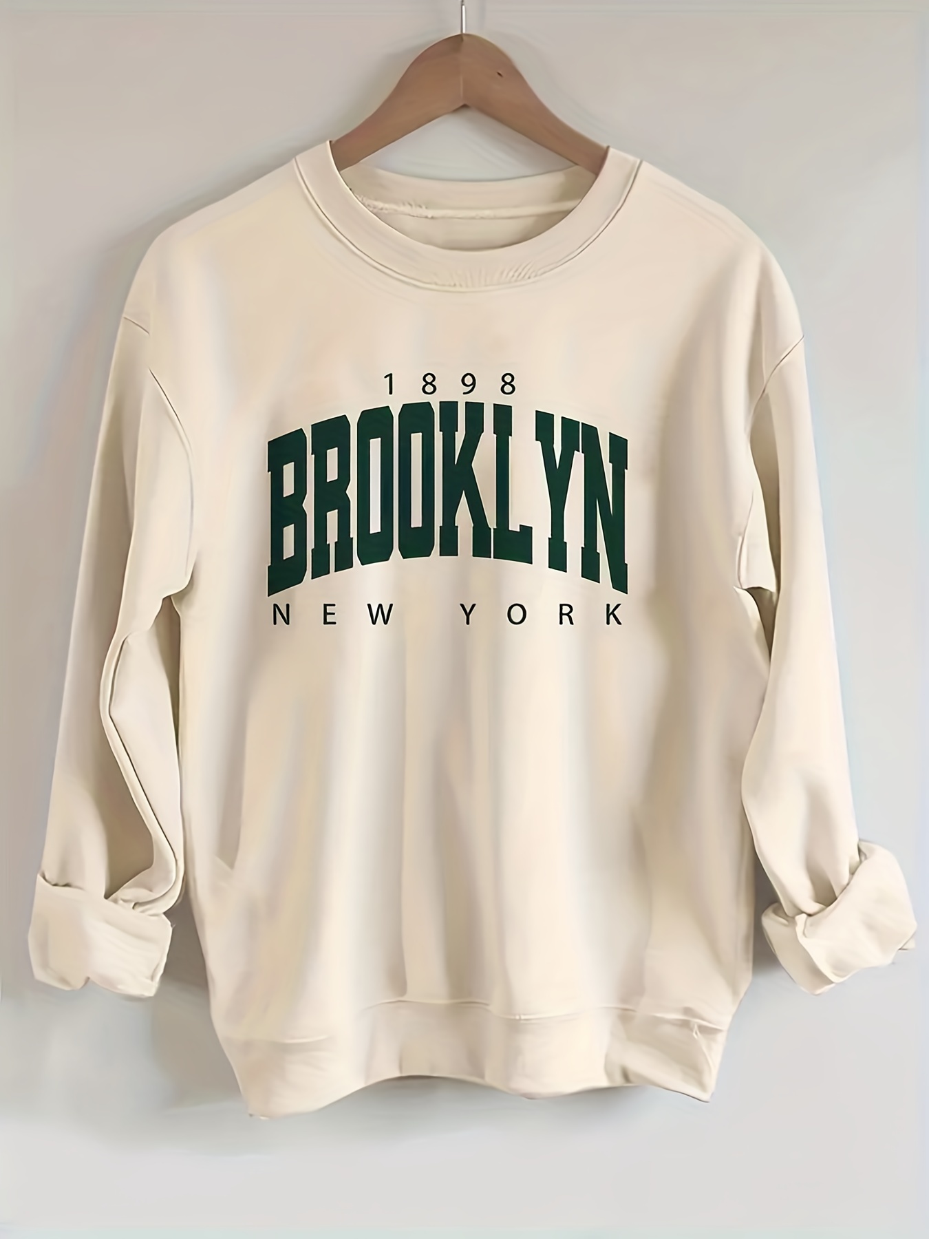 brooklyn letter print sweatshirt casual long sleeve crew neck sweatshirt womens clothing details 10