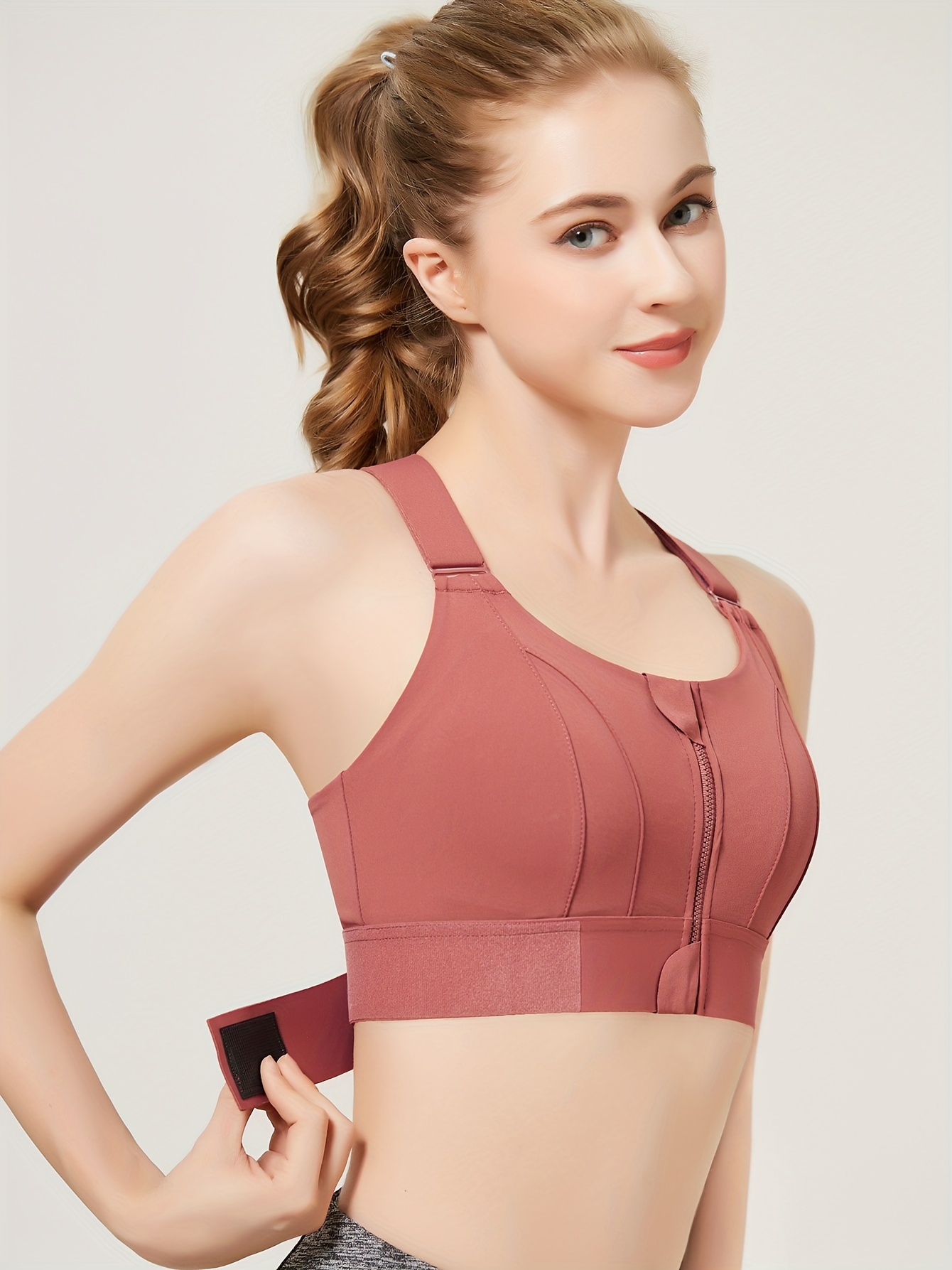 solid color shockproof sports bra zipper front round neck with fixed chest pads workout top womens activewear brick red 2