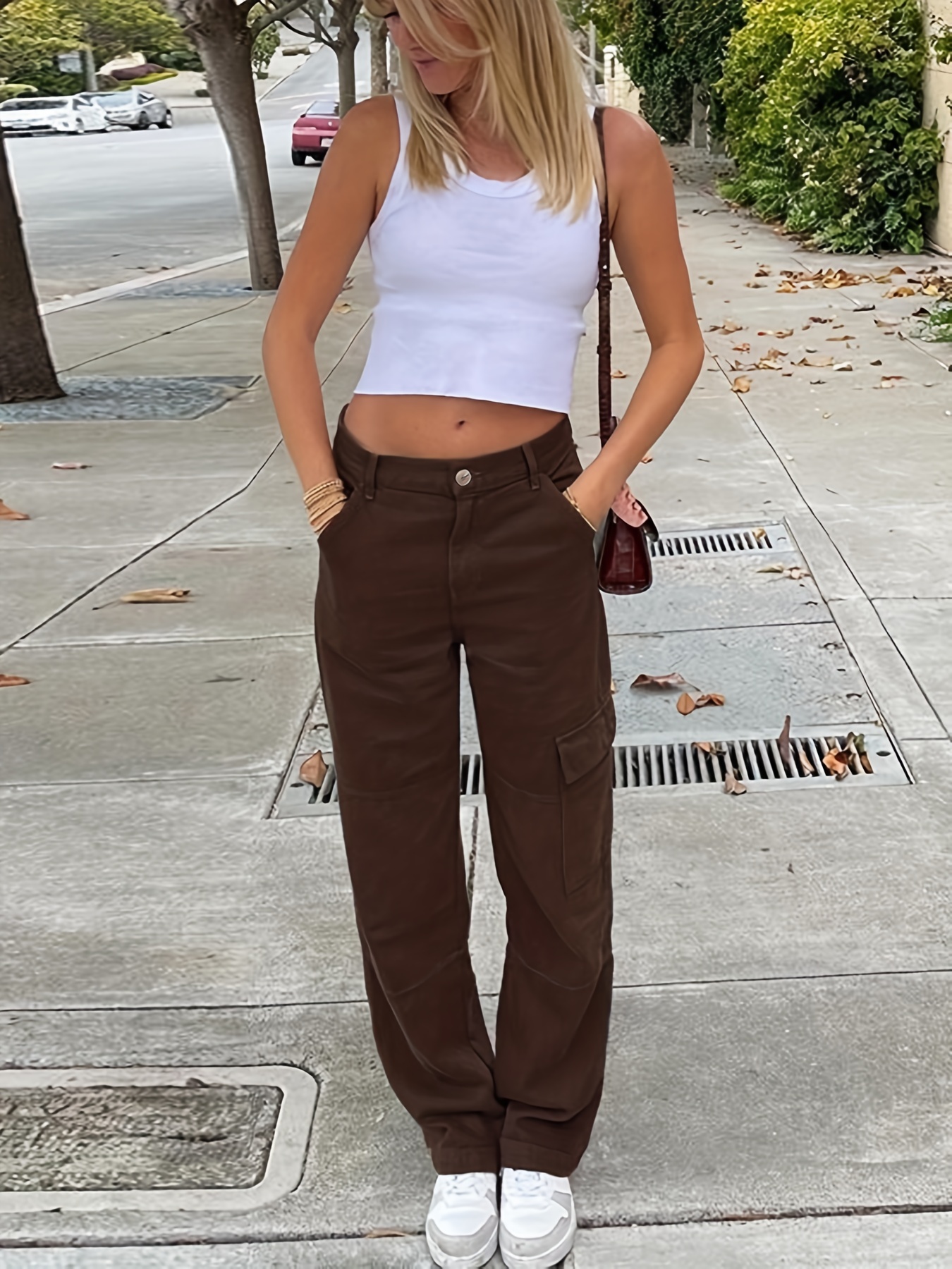 Loose Ladies Low Rise Jeans Cargo Pants Vintage Streetwear Ladies Wide Leg  Flare Jeans Bottoms (Color : Brown, Size : Small)