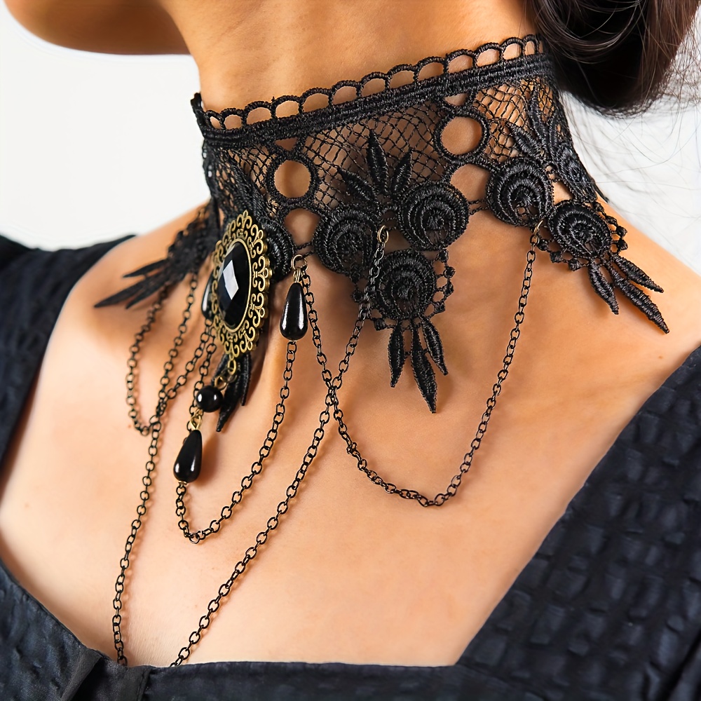 Black Lace Necklace Chokers Gothic Collar Necklace Ladies Vintage Pendant  Clavicle Chain gothic lolita