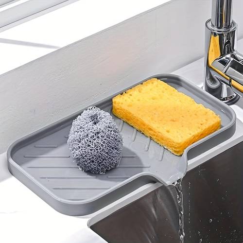 1pc Silicone Kitchen Sink Tray, Soap Dish Holder With Drain Tip, Countertop Sink Scrubber Drain Pad For Brush Sponge And Soap, Home Kitchen Bathroom Supplies
