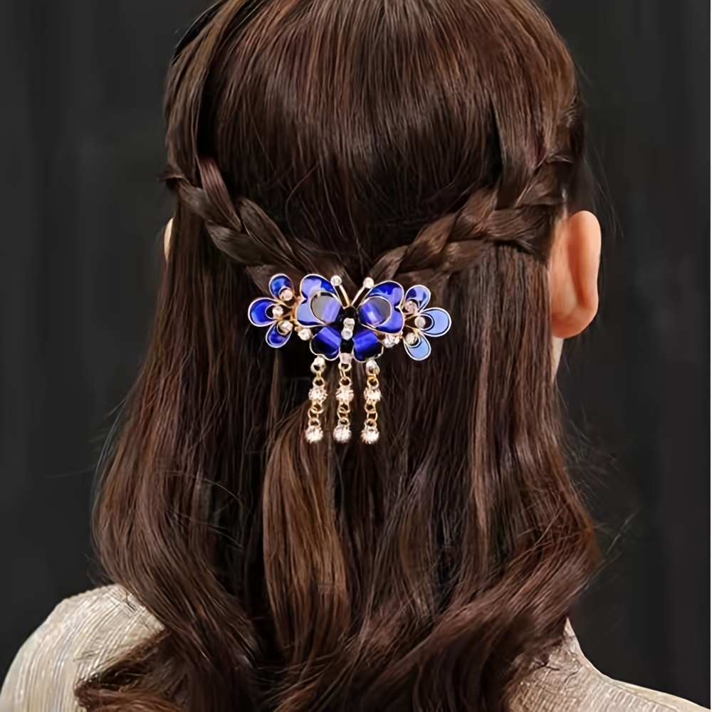 Rhinestone Butterfly Hair Claw With Tassel - Elegant Metal Enamel Flower  Hair Clips For Women's Hair Accessories - Temu