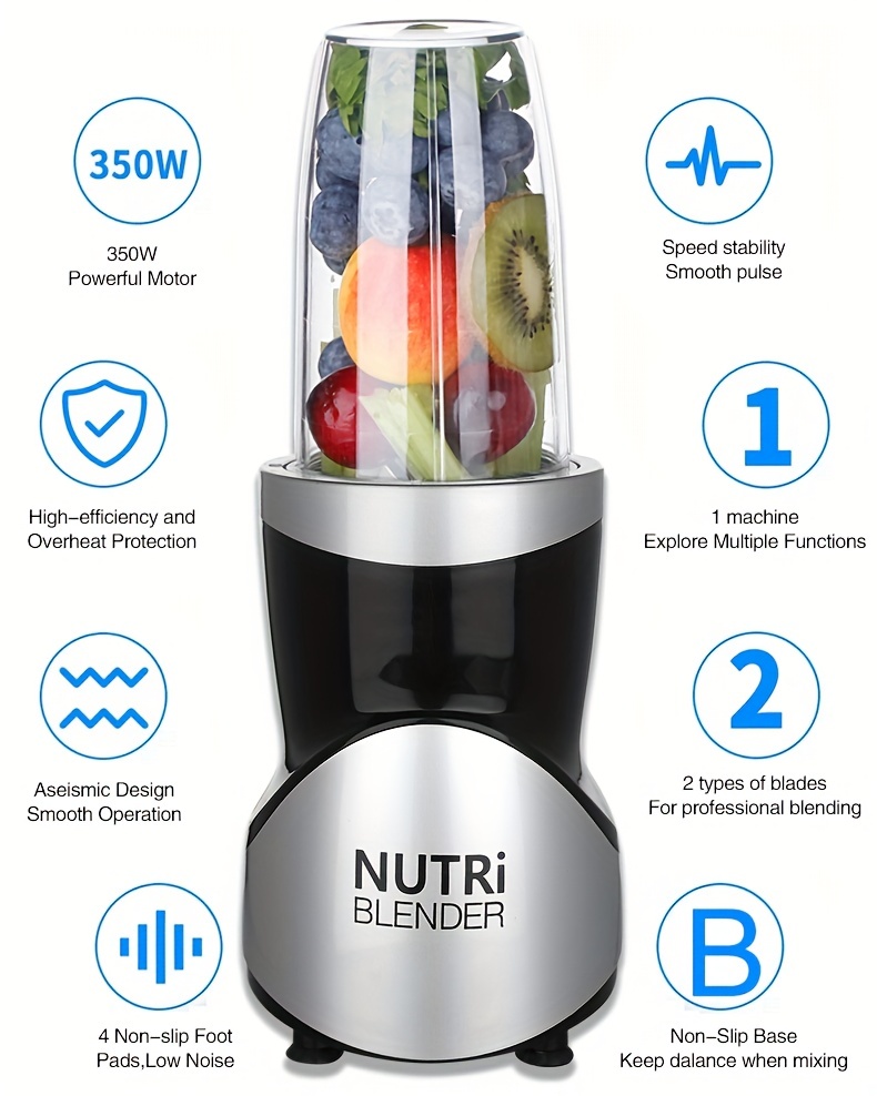 Bullet Personal Blender,, With 1 Power Base, 2 Blades, 2 Cups, 1 Mugs, 1 Go  Bottle And 1 Spout Lid, 2 Comfort Mug Rings, 2 Solid Lids, Bpa Free, Pulse  Technology For