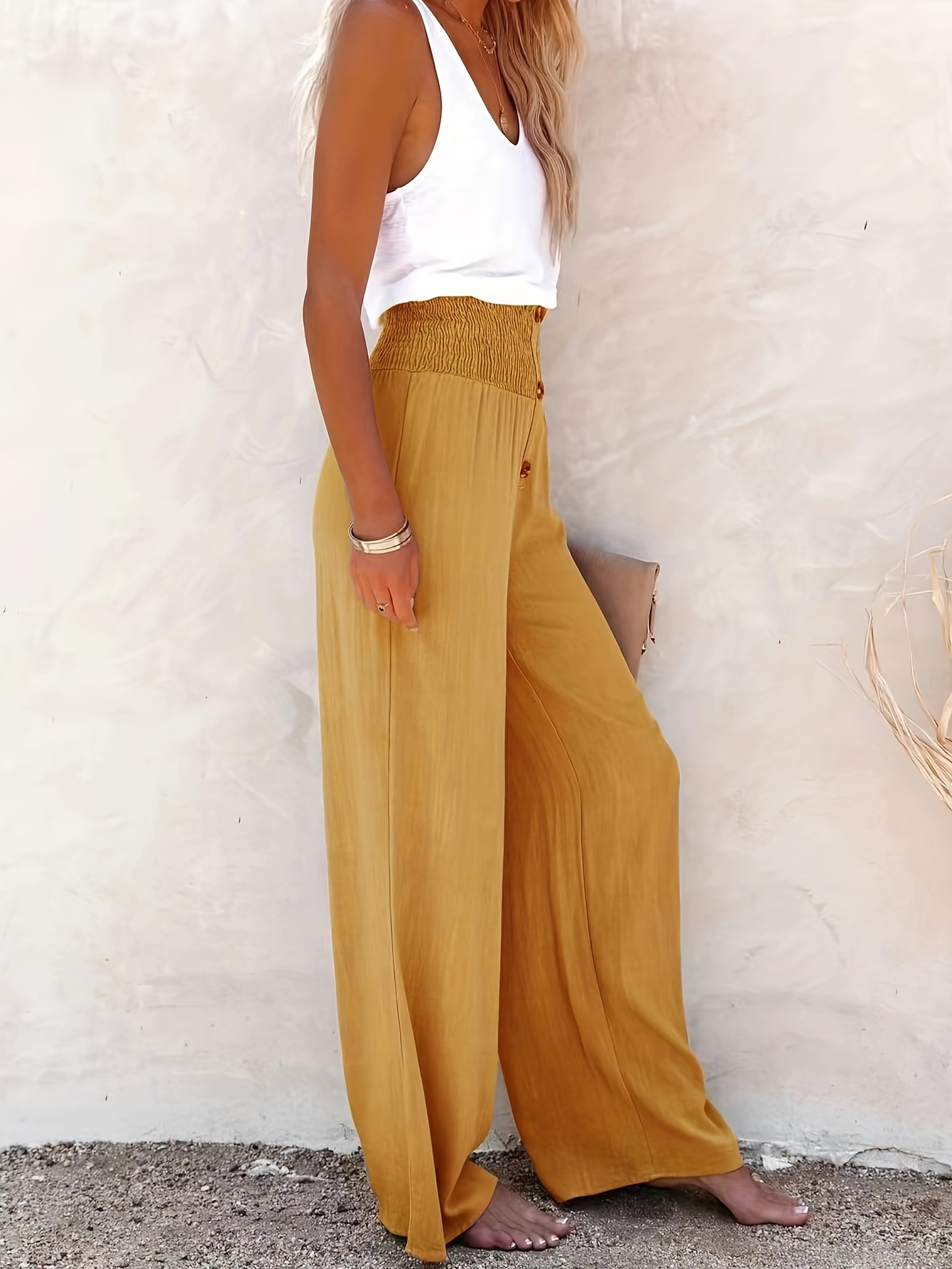 Mustard Wide Leg Pants Smart Casual Summer Outfits (10 ideas