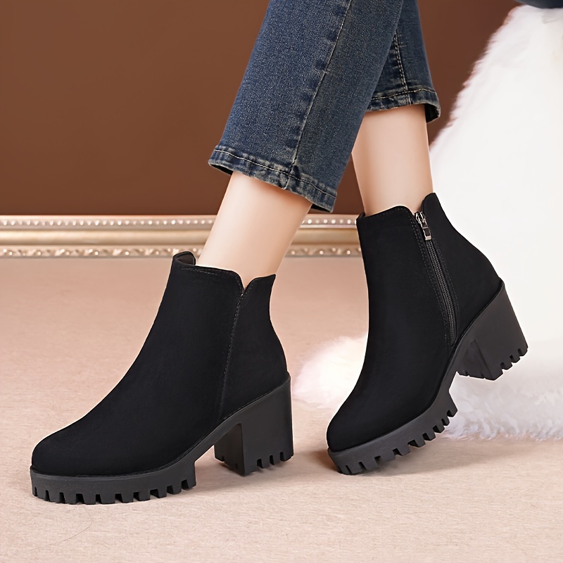 Women's Chunky Low Heeled Booties British Style Side Zipper - Temu