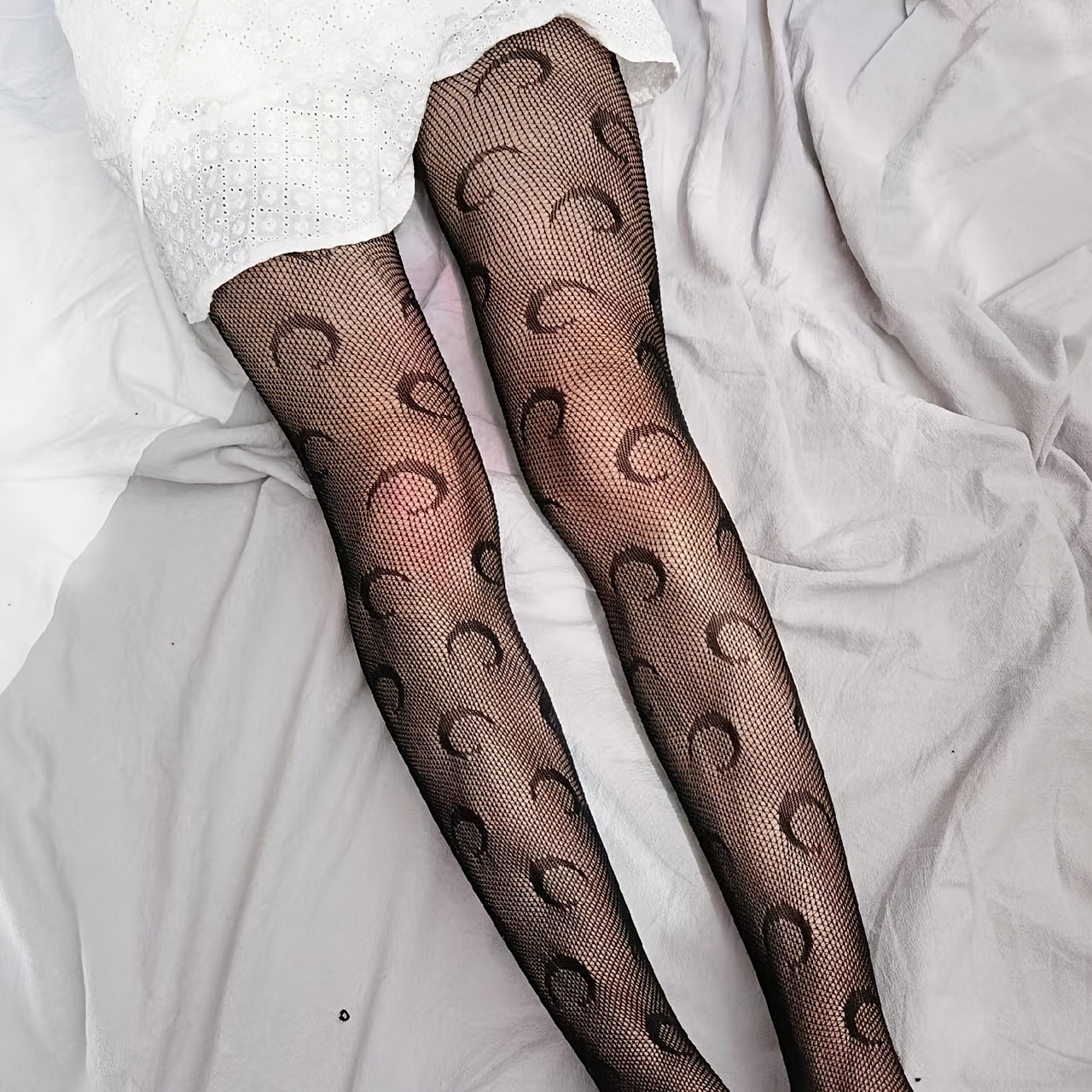 Sexy Moon Pattern Jacquard Fishnet Tights, High Waist Hollow Out Footed  Pantyhose, Women's Stockings & Hosiery