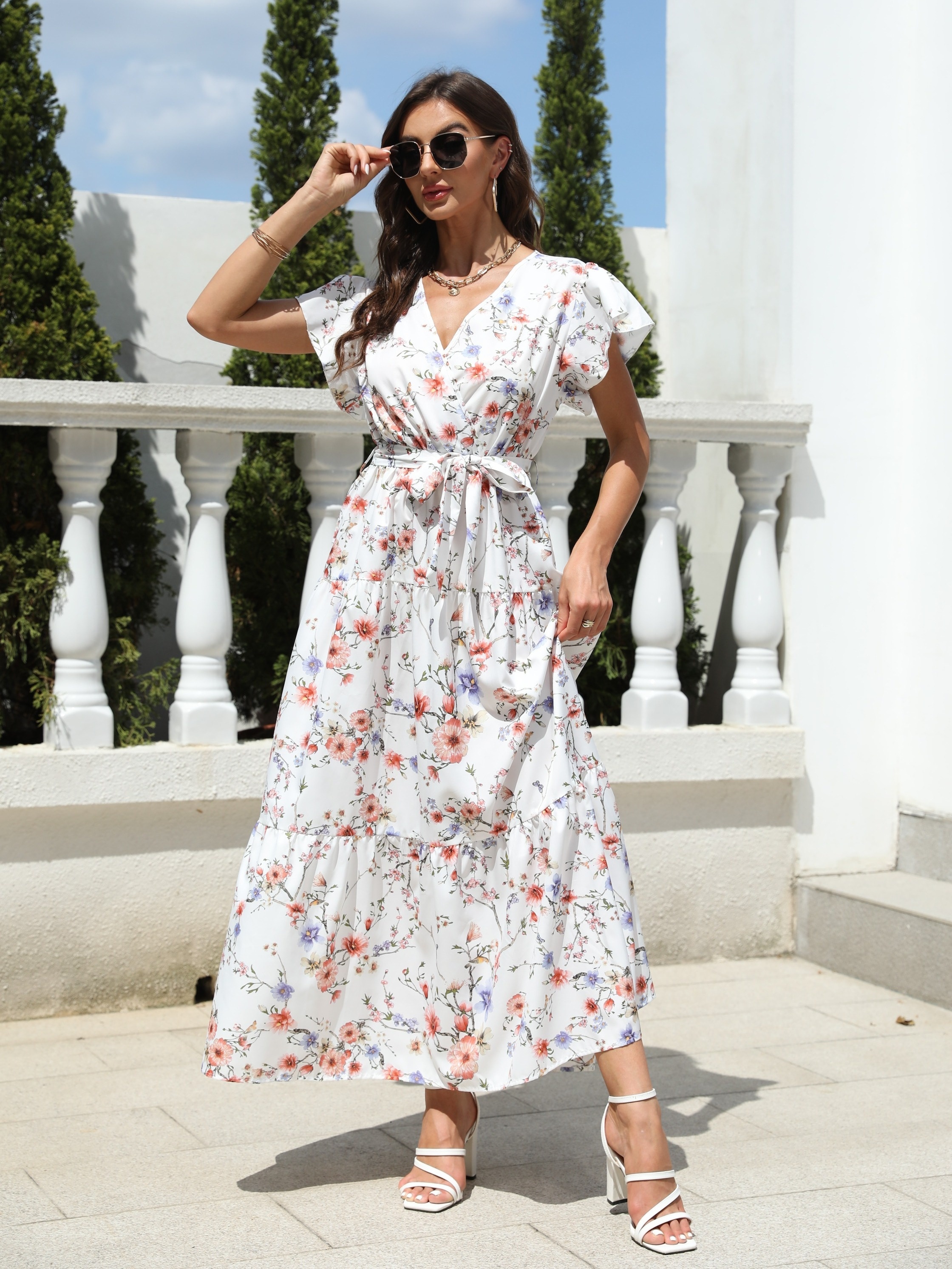 floral print ruffle sleeve dress elegant surplice neck - Temu Canada