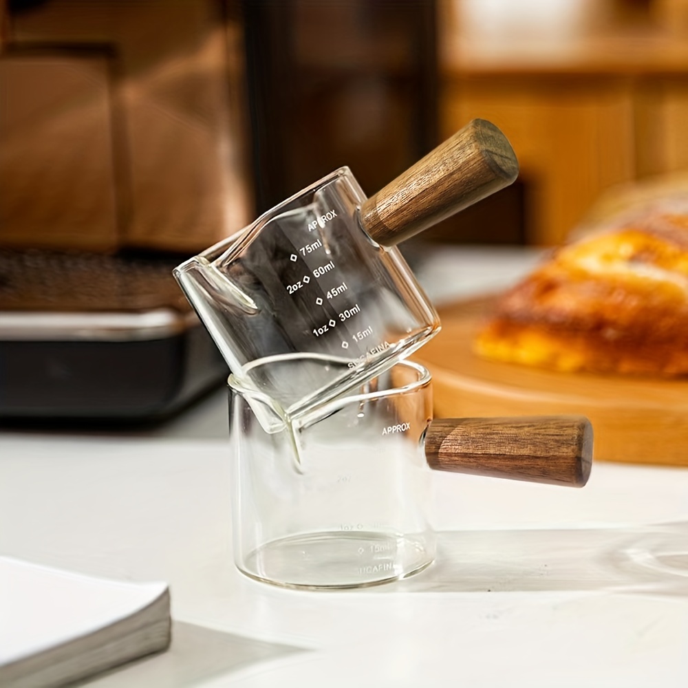 Single/Double Spout Glass Measure Cup, Wooden Handle Espresso
