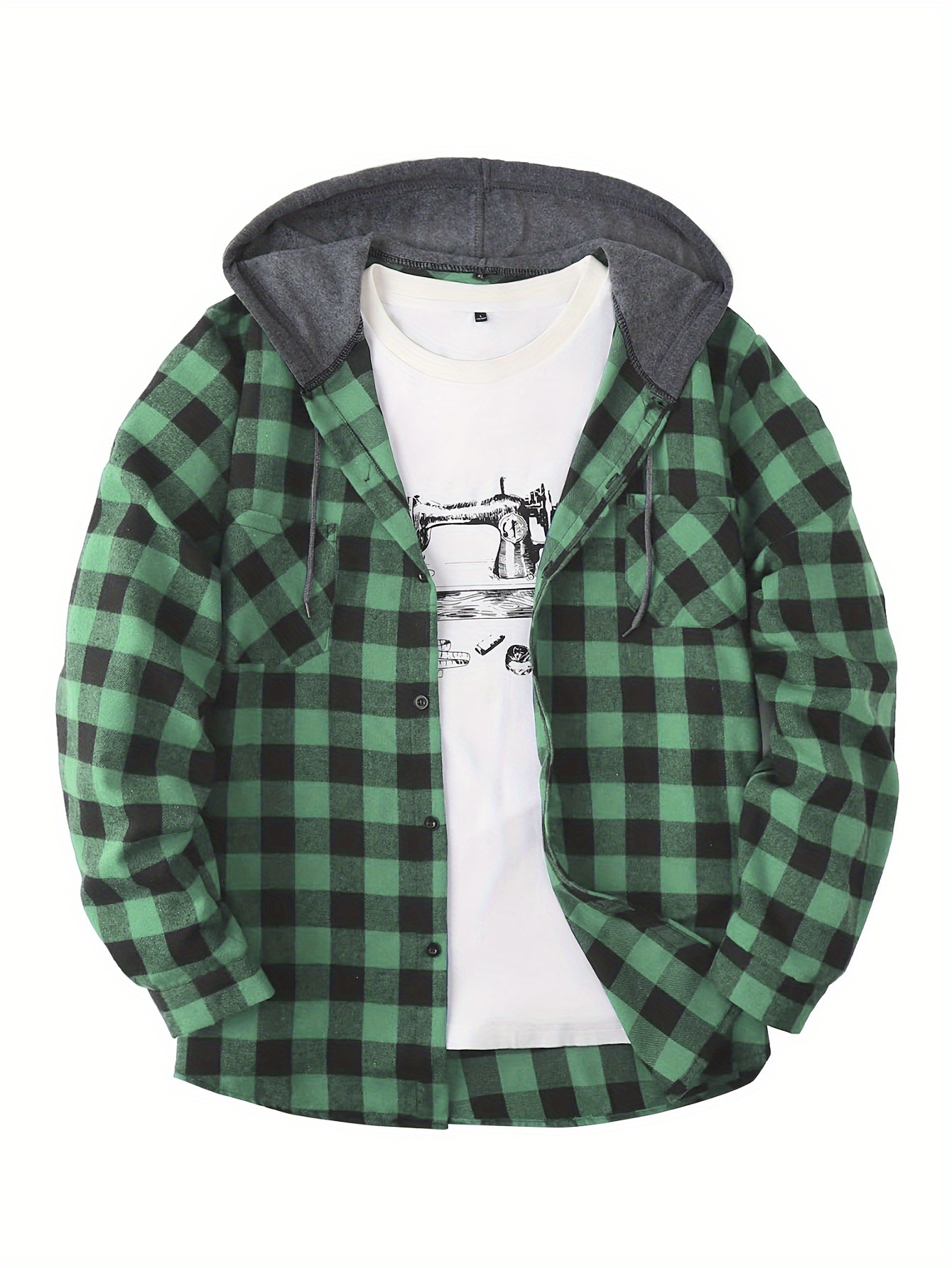 Plaid Shirt Coat For Men Long Sleeve Casual Regular Fit Button Up Hooded  Shirts Jacket