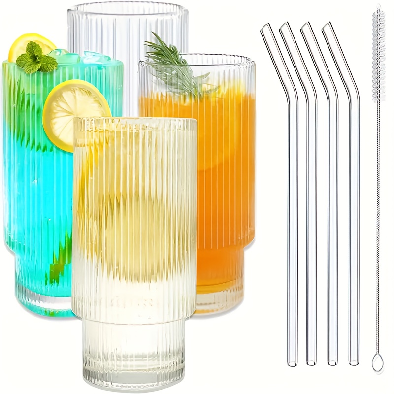 4 pièces de verres à cocktail avec paille en verre, 350 ml, verres