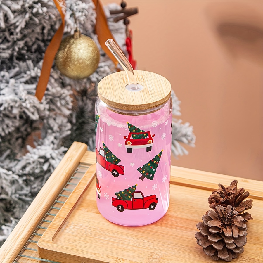 Ice Coffee Cup With Bamboo Lid And Glass Straw Santa Claus - Temu