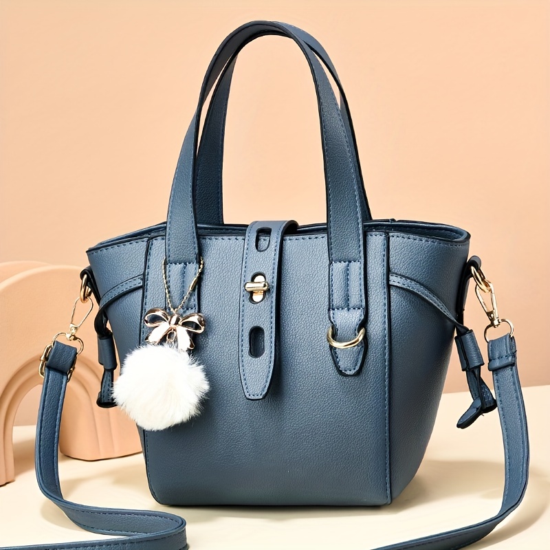 PU Leather Handbag Pompom Decor Crossbody Bag Women's Top Handle Purse