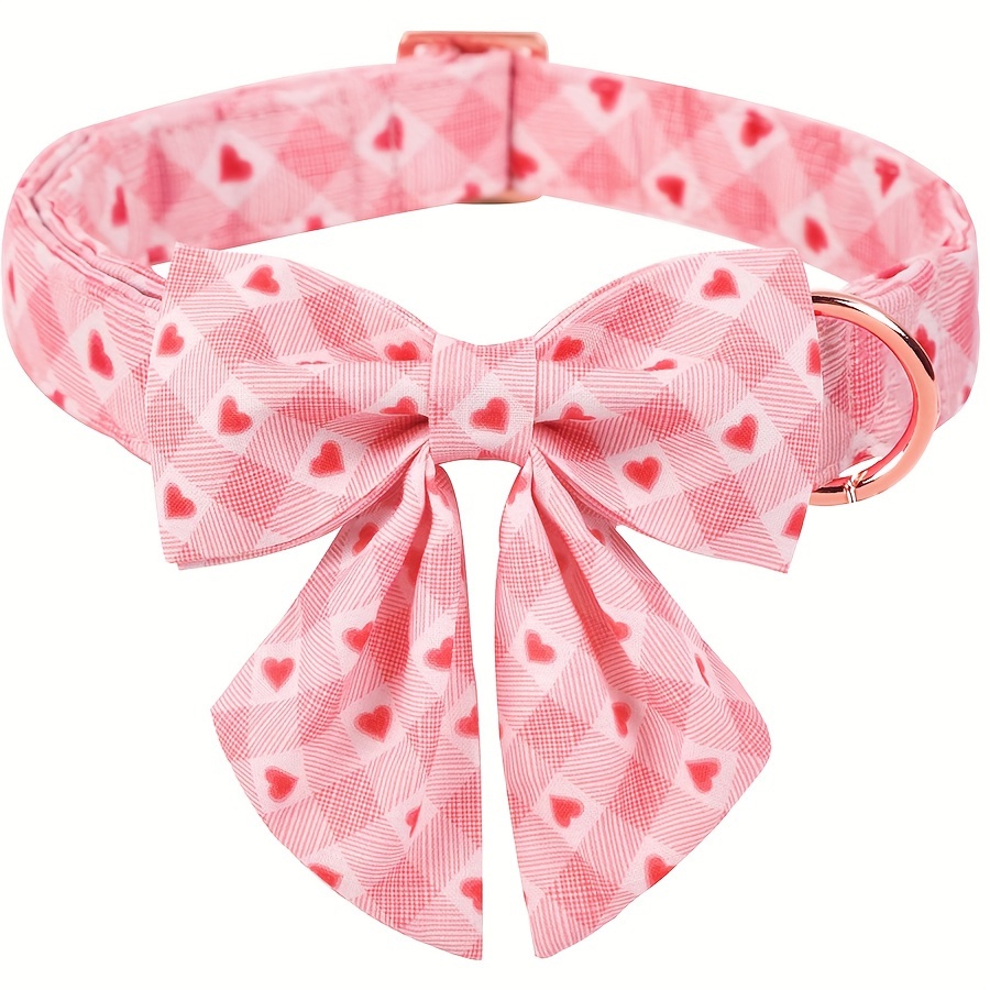 

1pc Cute Dog Collar With Love Heart Patten, Soft Cotton Adjustable Dog Collar With Bowtie Decor And Metal Buckle
