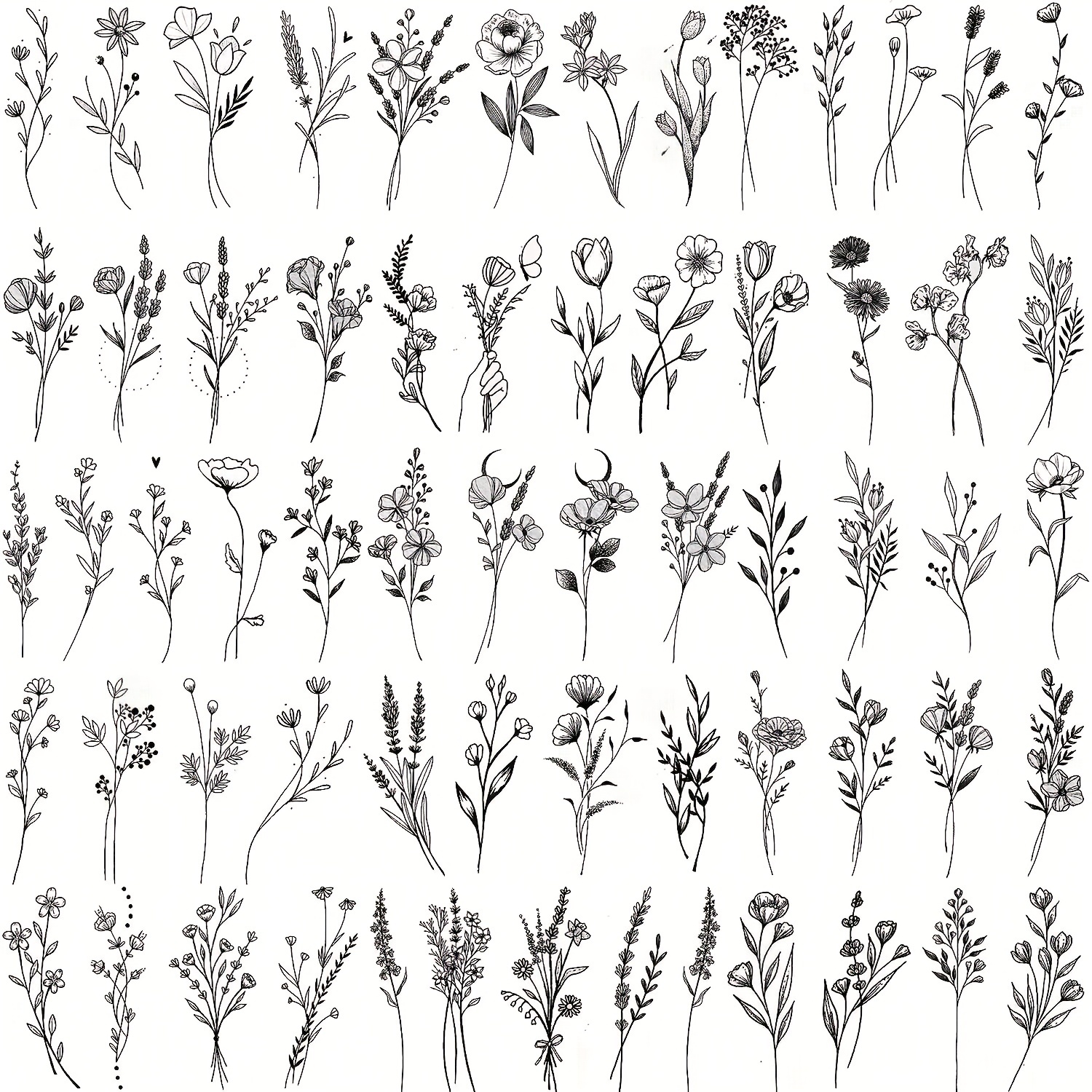 

15 Sheets Coktak Tiny Branch Black Flower Temporary Tattoos For Women Floral Bouquet Small Tattoo Temporary Wild Plant Lavender Sweet Pea Larkspur Fake Tattoo Adults Face Hands Kit Sticker