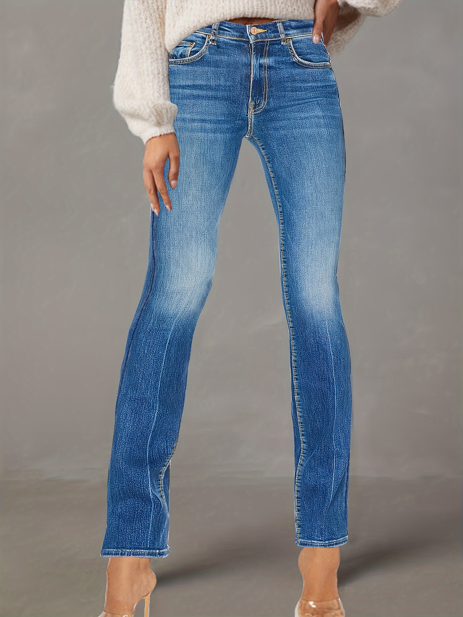 Blue Adjustable Button Waist Tapered Jeans, Slant Pockets Straight Legs  Denim Pants, Women's Denim Jeans & Clothing