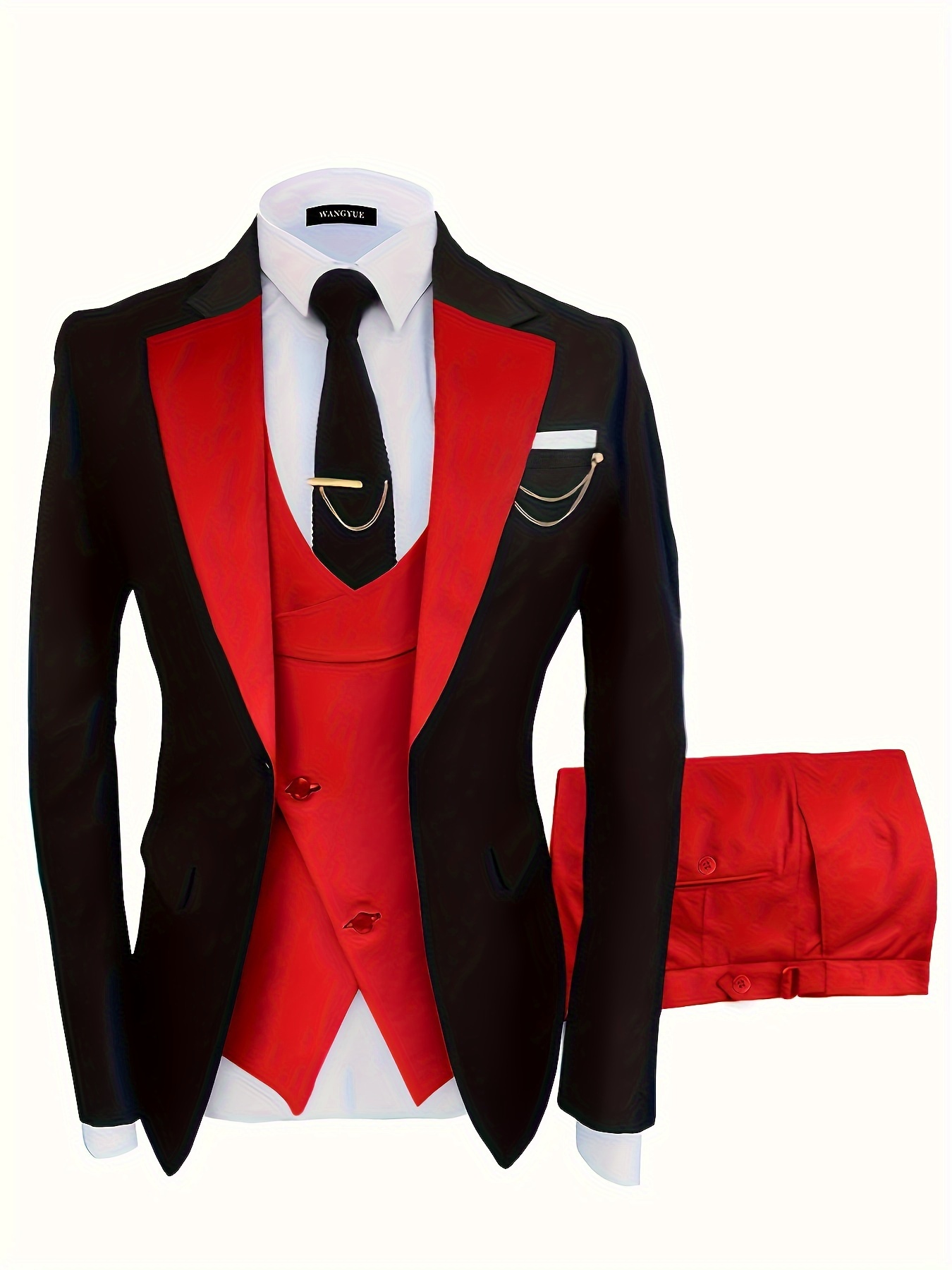 Men's Suits Blazer 3 Pieces Red Elegant Slim Fit Button Dress Suit