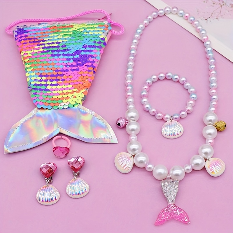 Girls Mermaid Tail Bag & Shell Pendant Bracelet Set
