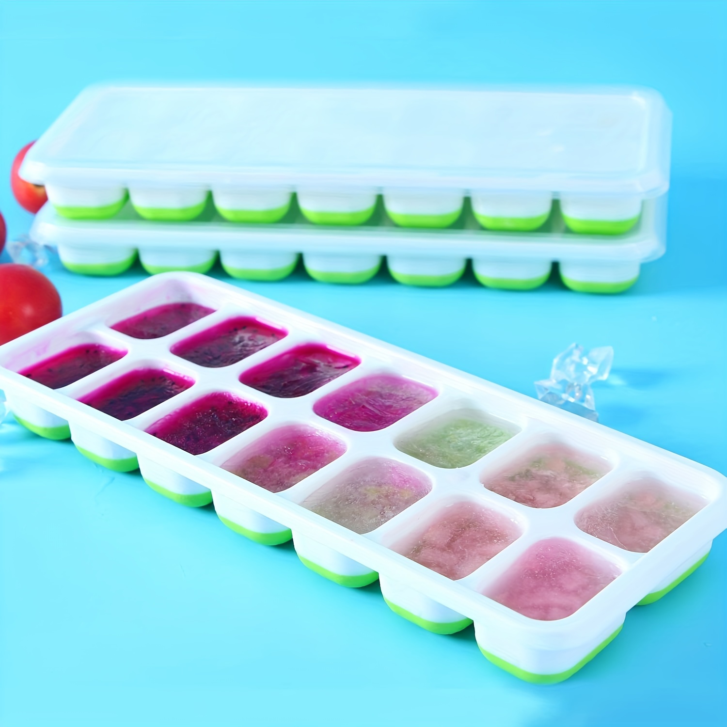 Reusable 14 Grids Silicone Ice Cube Trays with Lid Easy-Release