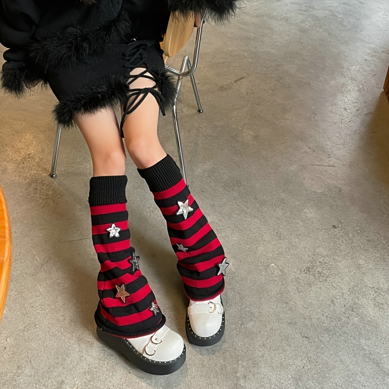 1 Pair Leg Warmers Flared Contrast Color Striped Knee High Knitted Cold  Resistant Thickened Autumn Winter Women