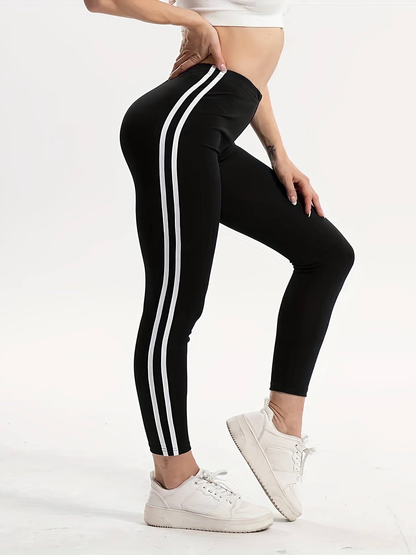 Plus Size Casual Leggings, Women's Plus Stripe Print Original * Skinny High  Stretch Leggings