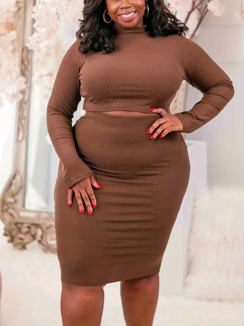 plus size casual outfits two piece set womens plus ribbed long sleeve mock neck crop top bodycon skirt outfits 2 piece set details 10
