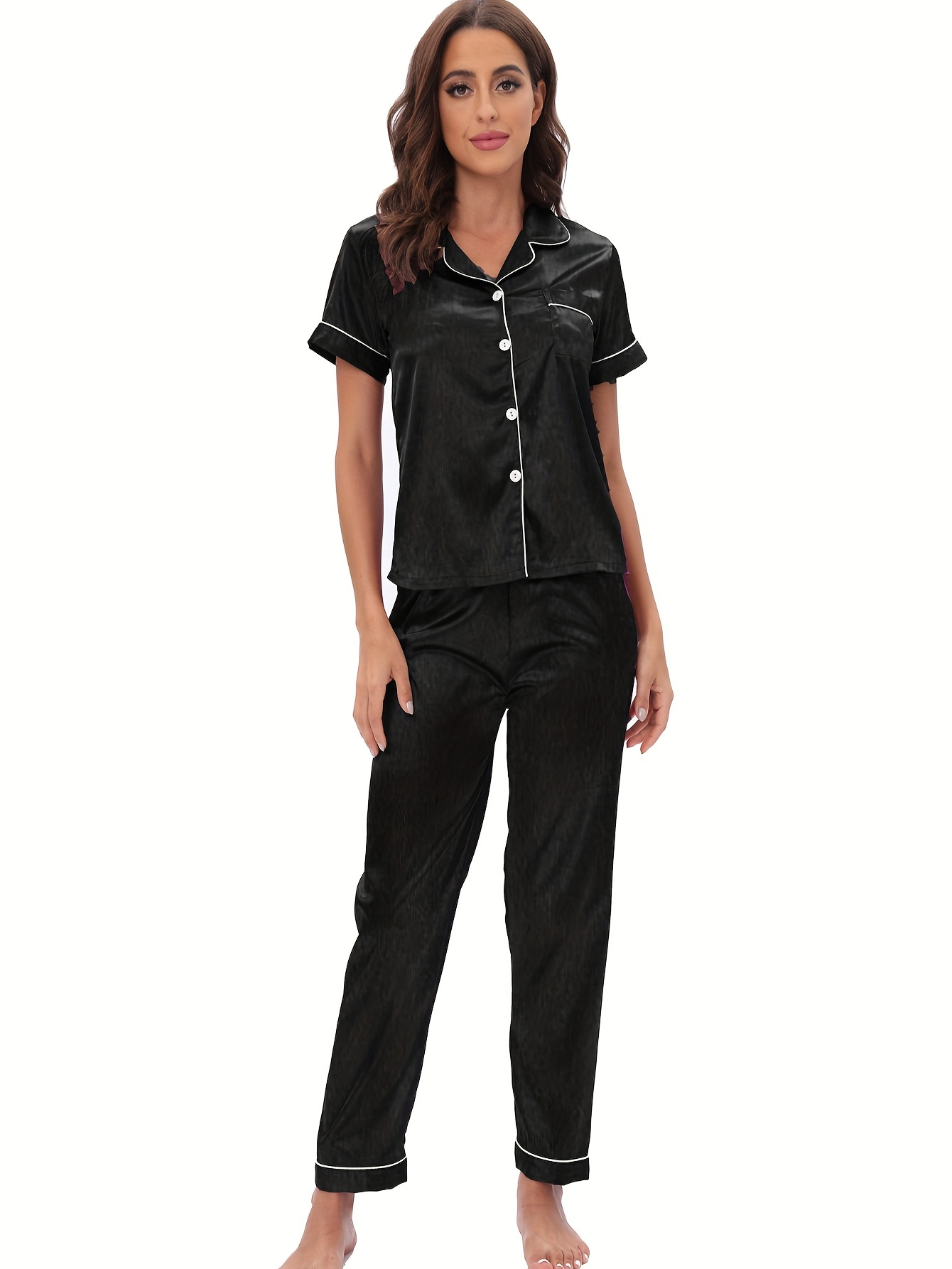 Solid Satin Pajama Set Crew Neck Short Sleeve Top Lounge - Temu Canada