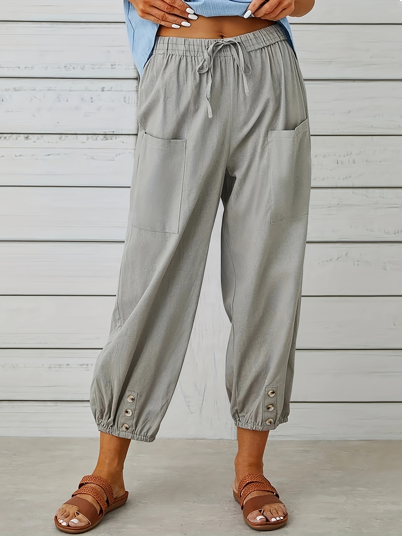 Wide Leg Capri Pants, Loose Casual Drawstring Waist Pants, Women's Clothing
