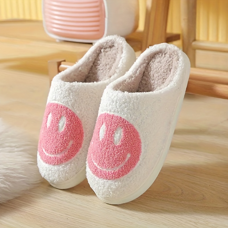 ORGANI Chaussons Smiley pour Femmes, Chaussons en Peluche À Visage Souriant  pour Hommes Et Femmes, Semelle Antidérapante,I-10-10.5Women/9-9.5Men :  : Mode