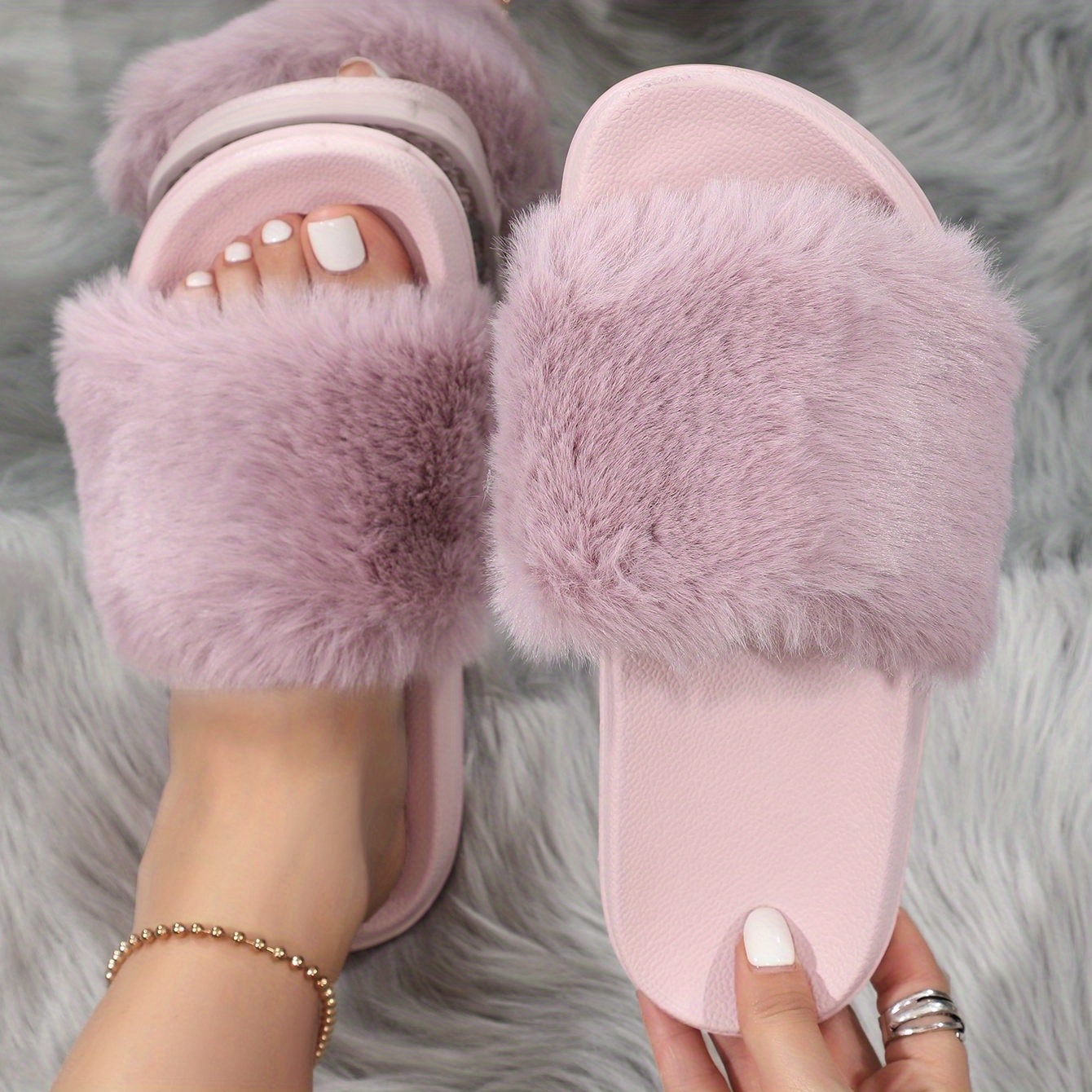 Women s Fluffy Flat Slippers Cozy Open Toe Plush Non Slip Temu