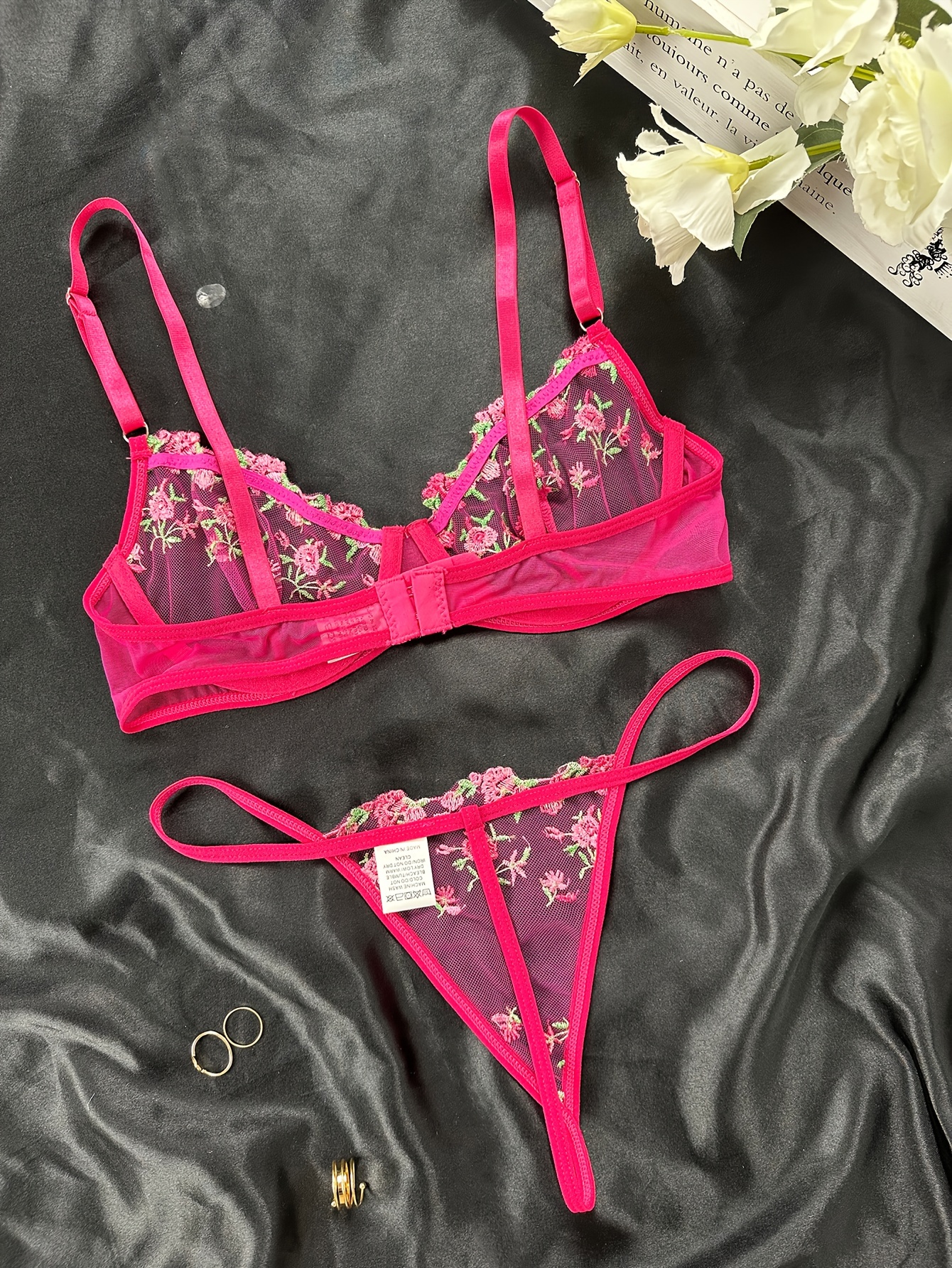 M&S BOUTIQUE Floral Tattoo Embroidered Bralette & Thong Size 14