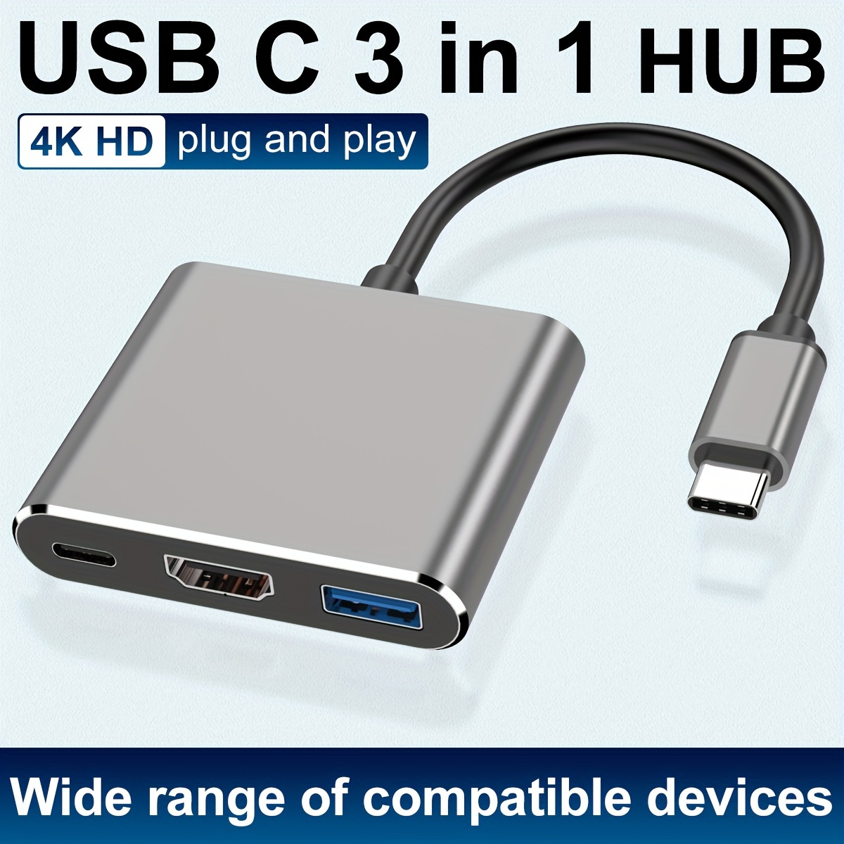 3-in-1 Type C to HDMI Multiport Adapter, Type C Hub with USB 3.0 + USB-C  Charging Port - Digital Converter Compatible for TV and Nintendo Switch