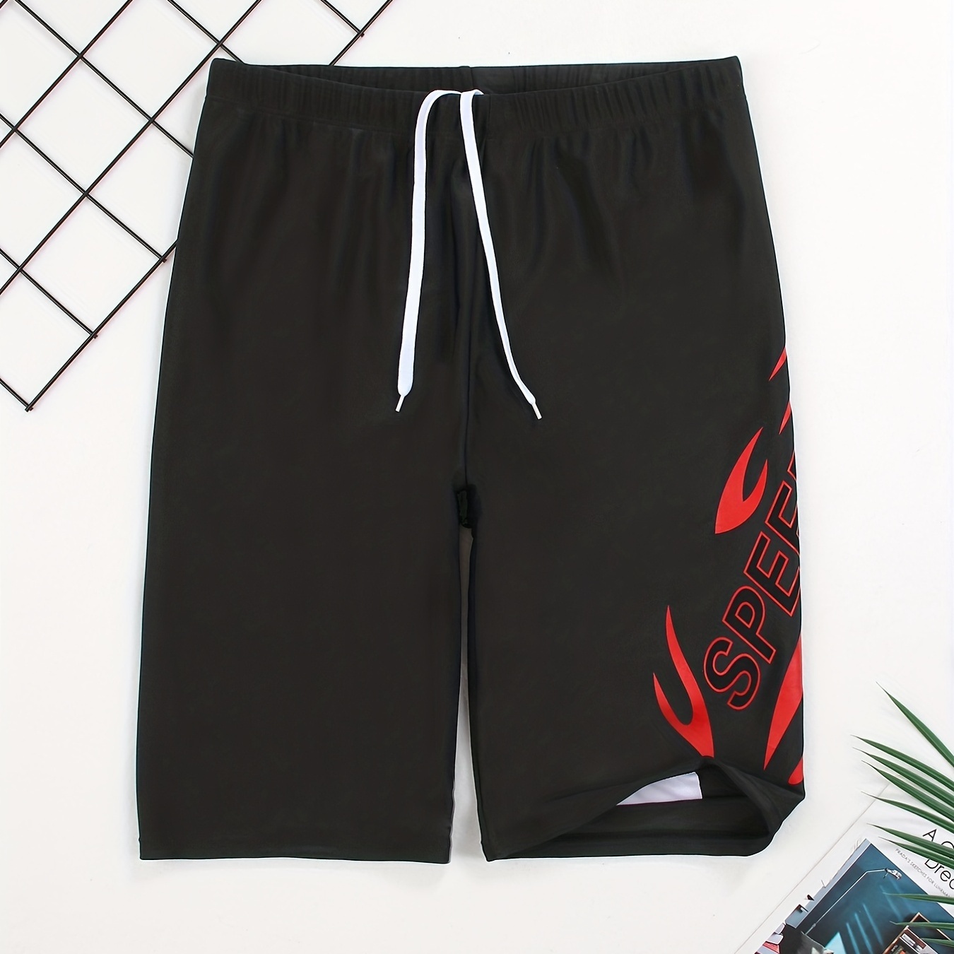 

Trendy Geometric Flame Pattern "speed" Letter Print Quick Drying Comfortable Breathable Drawstring Swim Trunk, Men's Pants Swimwear For Summer Vacation Resort Beach Pool