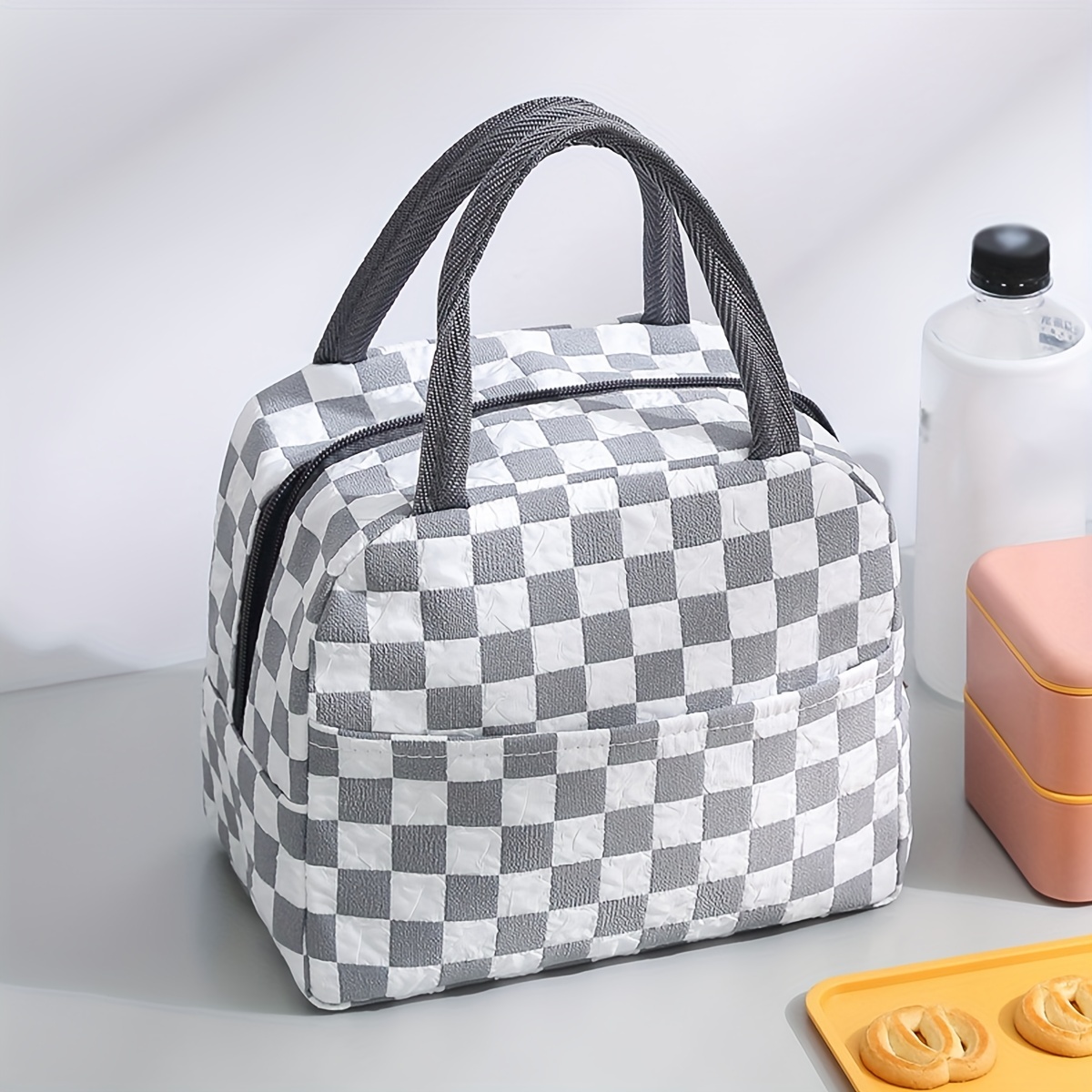 1pc Checkerboard Insulated Lunch Bag Reusable Thickened Aluminum