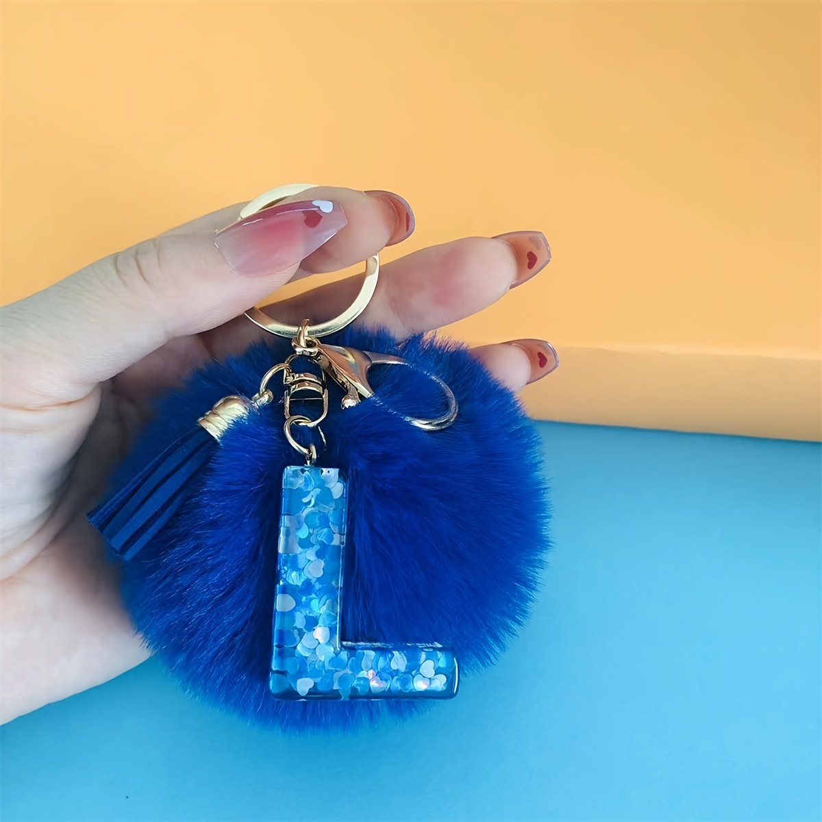 1pc A-Z Blue Letter Keychain Trendy Plush Pompom Tassel Keyring Backpack Bag Hanging Pendant Car Charms Gifts for Women Girls,Temu