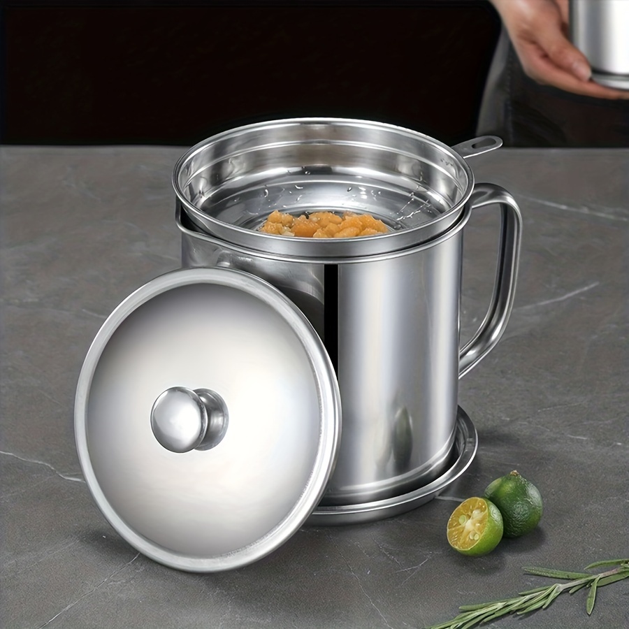 1pc Stainless Steel Bacon Grease Container With Strainer And