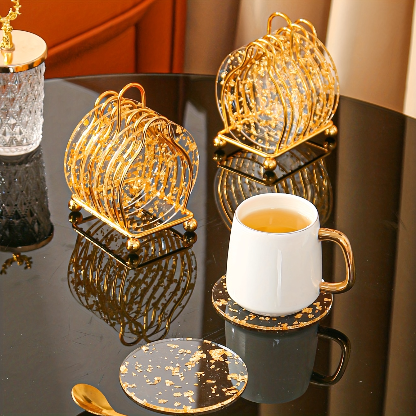 Kaufe Acryl Goldfolie Untersetzer Wärmedämmung Tischset  Anti-Rutsch-Getränkehalter Milchbecher Kaffeetasse Tischsets Küchentisch  dekorativ